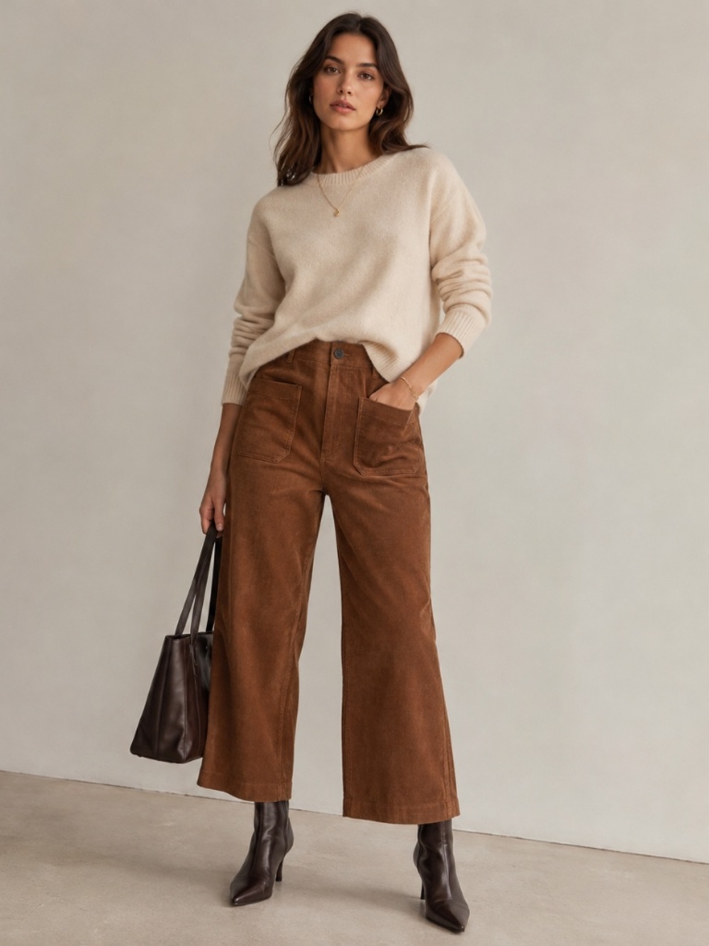 Quince NWT Organic Stretch Corduroy Cropped Wide Leg Pants Warm Brown Fall 12